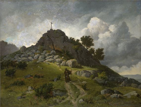 Landschaft mit Kapuzinermönch bei einem Felsgipfel mit Kruzifix by Hugo Börner