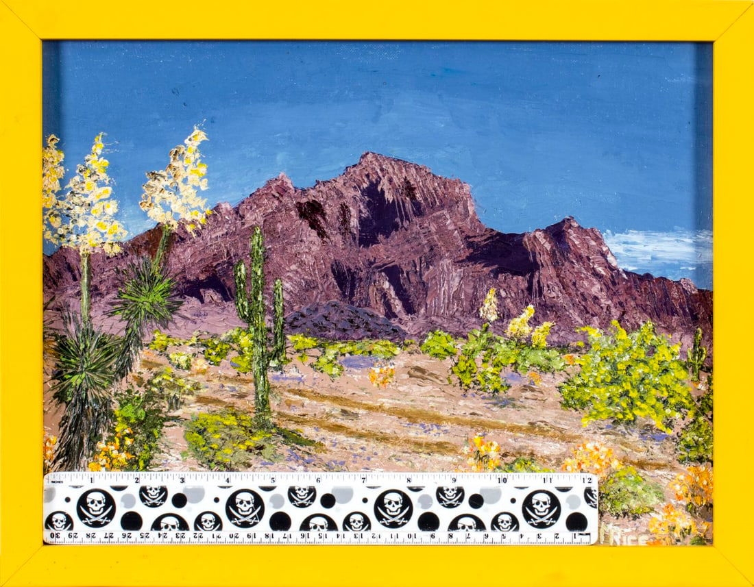 Artwork by Marian Rice, Desert Landscape - Kofa Mountains (titled on verso), Made of oil on canvas board