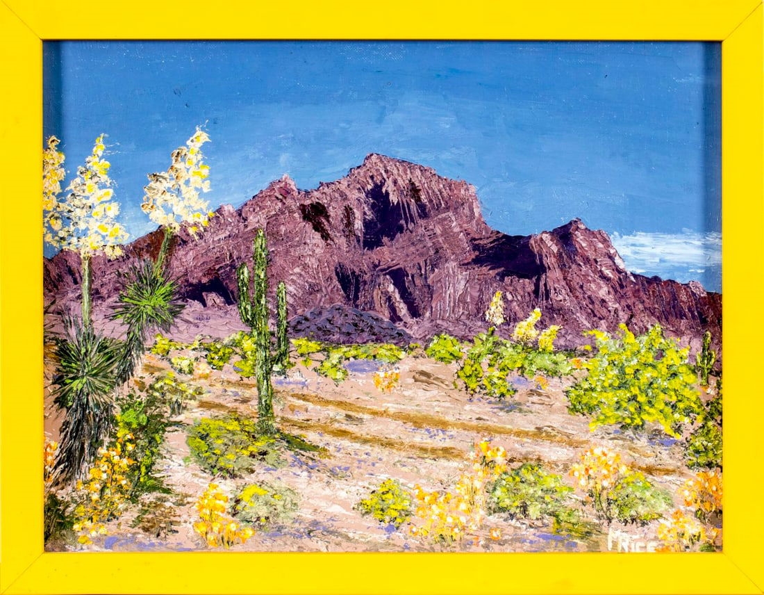 Artwork by Marian Rice, Desert Landscape - Kofa Mountains (titled on verso), Made of oil on canvas board