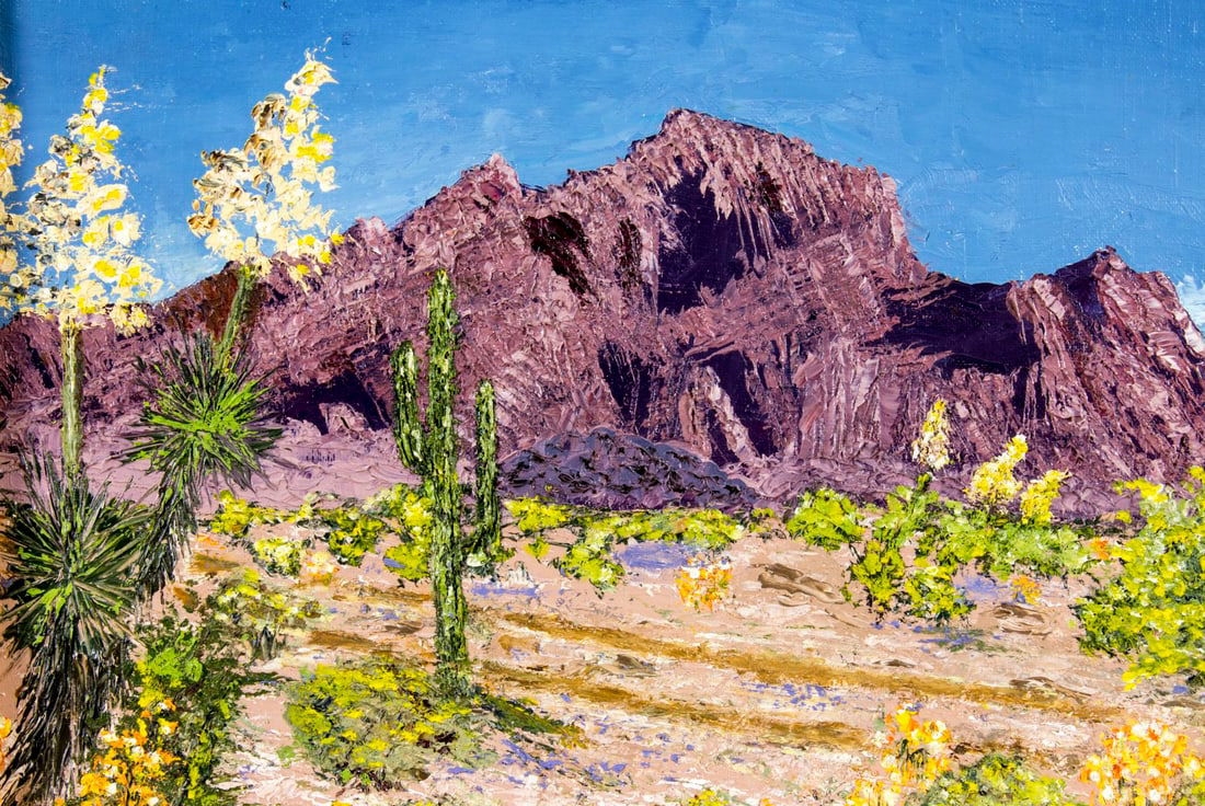Artwork by Marian Rice, Desert Landscape - Kofa Mountains (titled on verso), Made of oil on canvas board