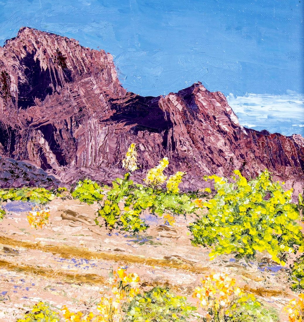 Artwork by Marian Rice, Desert Landscape - Kofa Mountains (titled on verso), Made of oil on canvas board