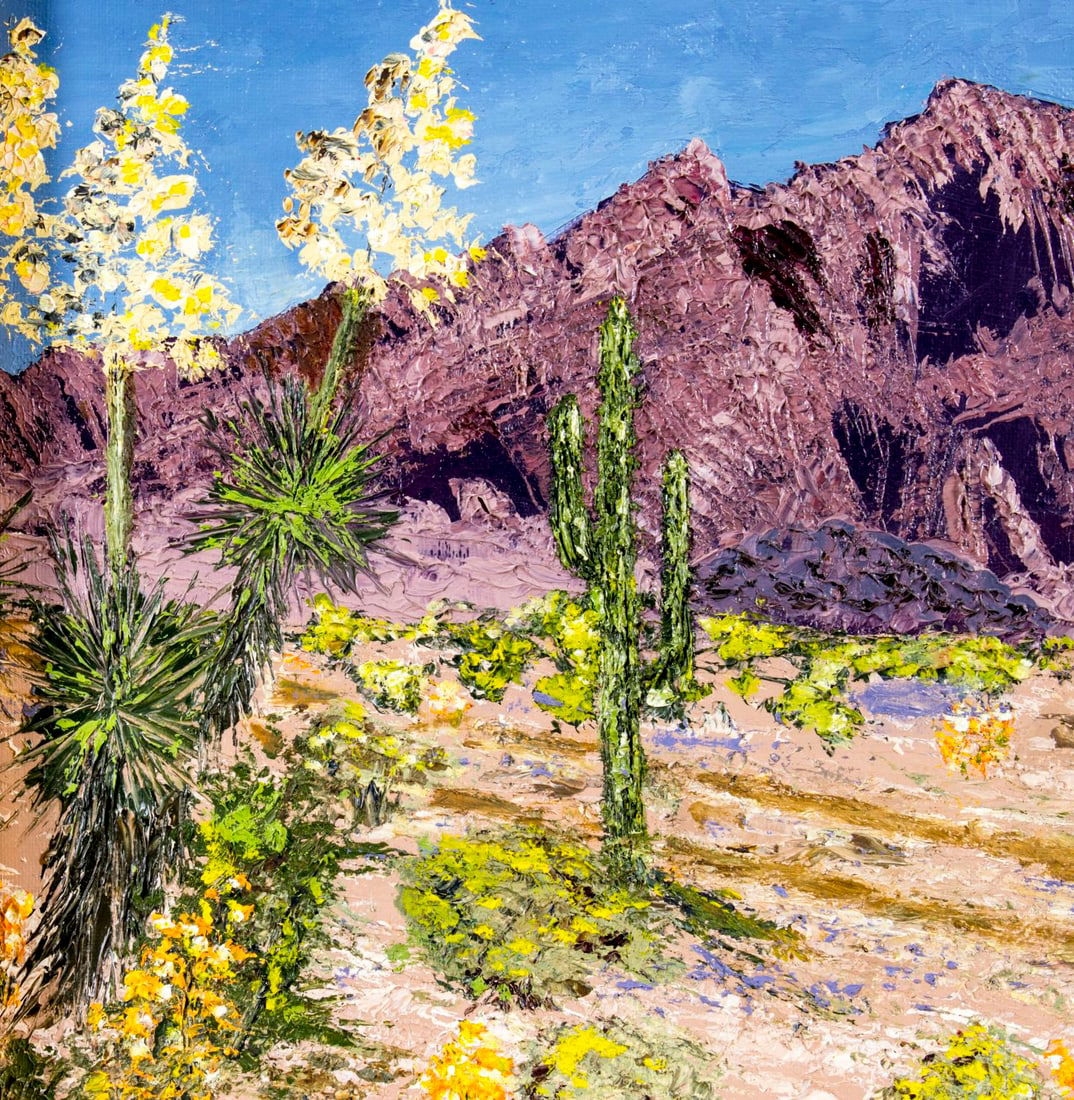 Artwork by Marian Rice, Desert Landscape - Kofa Mountains (titled on verso), Made of oil on canvas board