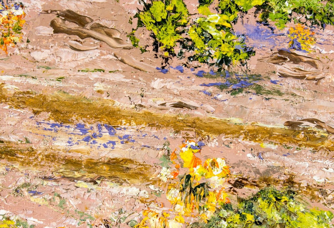 Artwork by Marian Rice, Desert Landscape - Kofa Mountains (titled on verso), Made of oil on canvas board