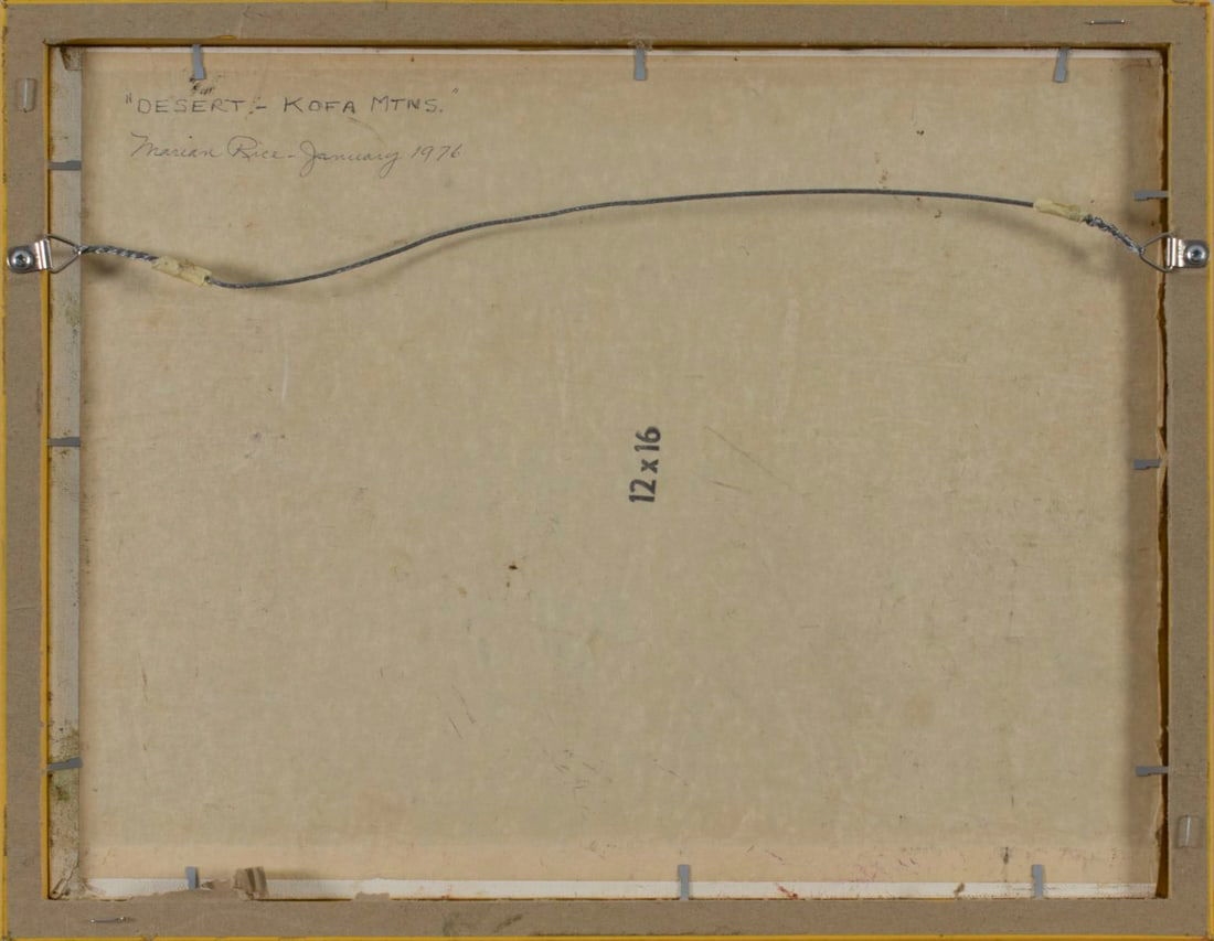 Artwork by Marian Rice, Desert Landscape - Kofa Mountains (titled on verso), Made of oil on canvas board