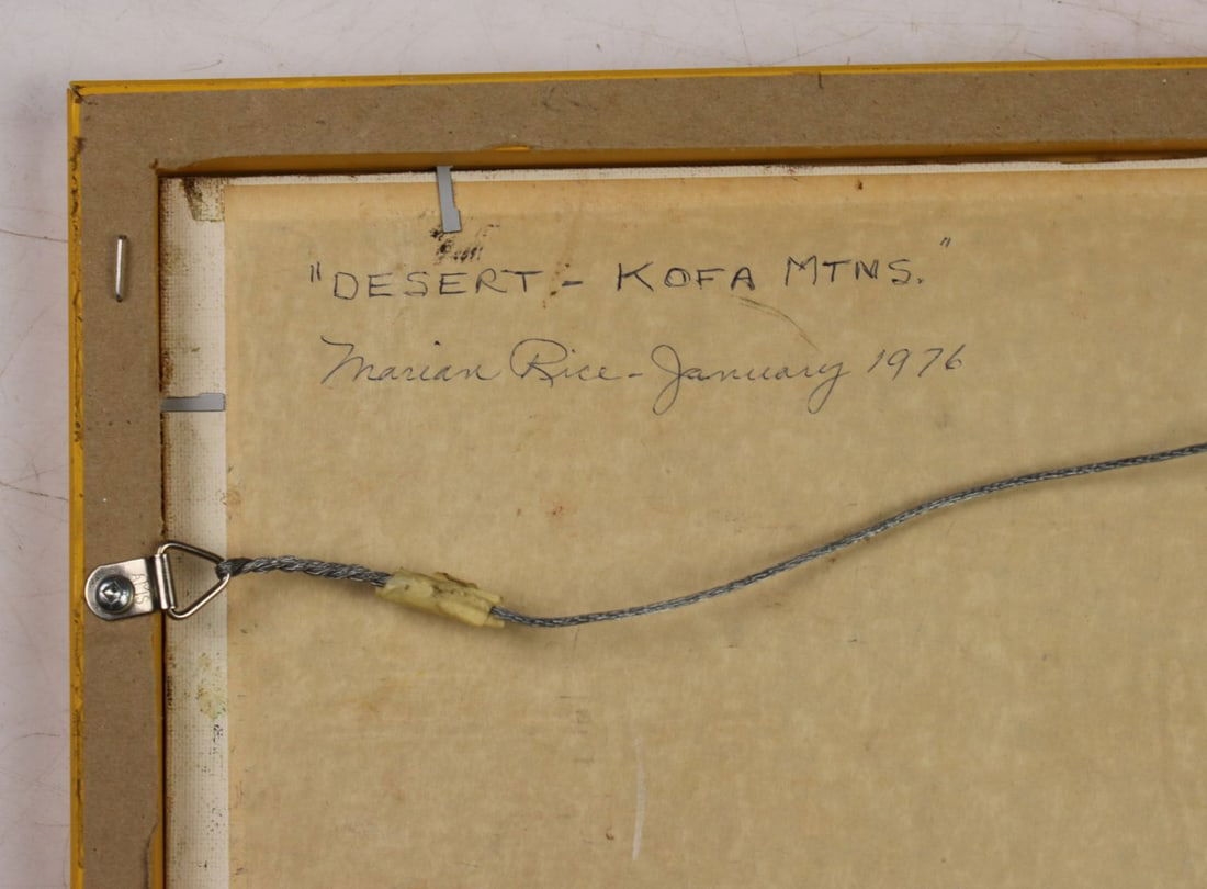 Artwork by Marian Rice, Desert Landscape - Kofa Mountains (titled on verso), Made of oil on canvas board