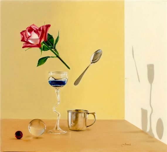 Still Life - Rose with Glass, Spoon and Silver Cup (d on verso) by Jeremiah Stermer