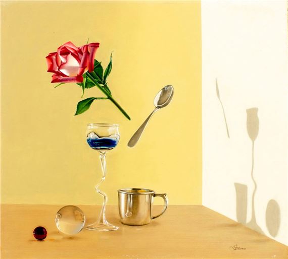 Still Life - Rose with Glass, Spoon and Silver Cup (d on verso) by Jeremiah Stermer