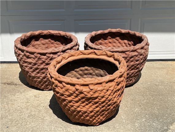 Planters | Three Large Basket Weave Plaster Planters | MutualArt