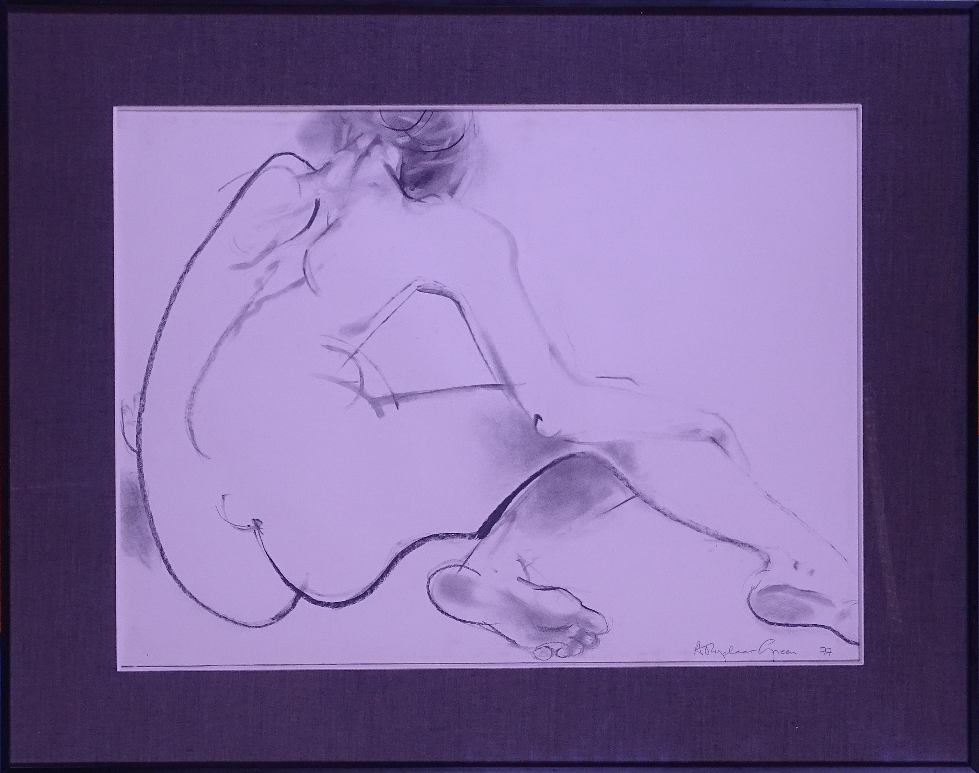 Artwork by Alfred Rozelaar Green, Tableau: Dessin au fusain -Femme nue assise de dos- daté 77 signé ROZELAAR GREEN, Made of Dessin au fusain