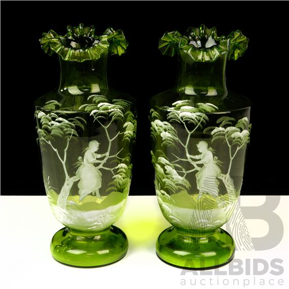Very Nice Pair Antique Late Victorian Mary Gregory Hand Decorated Apple Green Glass Vases with Ruffled Rims by Mary Gregory