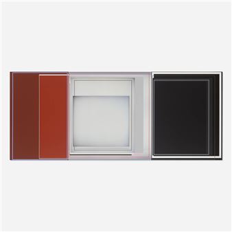 A minimalist composition of three stacked rectangular frames in varying colors and depths.