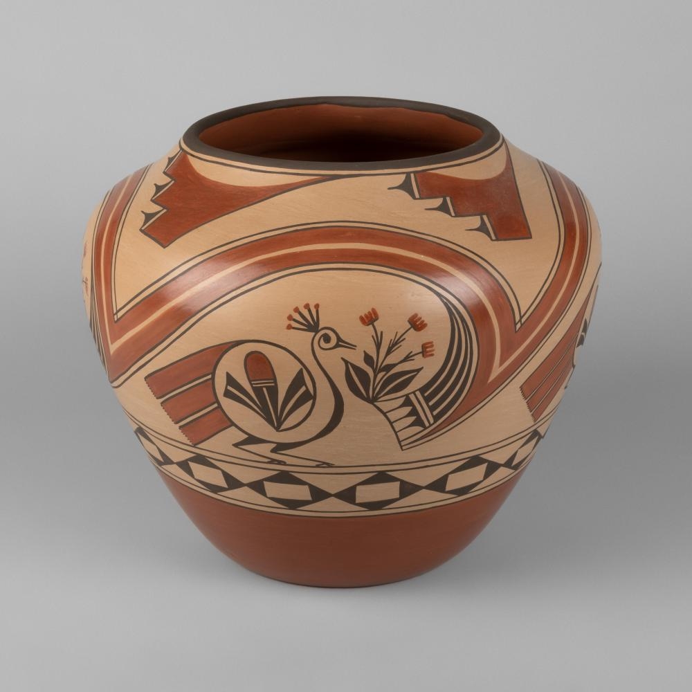 Artwork by Eleanor Pino Griego, Polychrome Redware Jar with Zia Bird, Made of redware jar