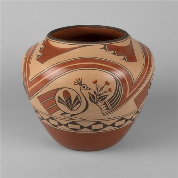 Polychrome Redware Jar with Zia Bird - Eleanor Pino Griego