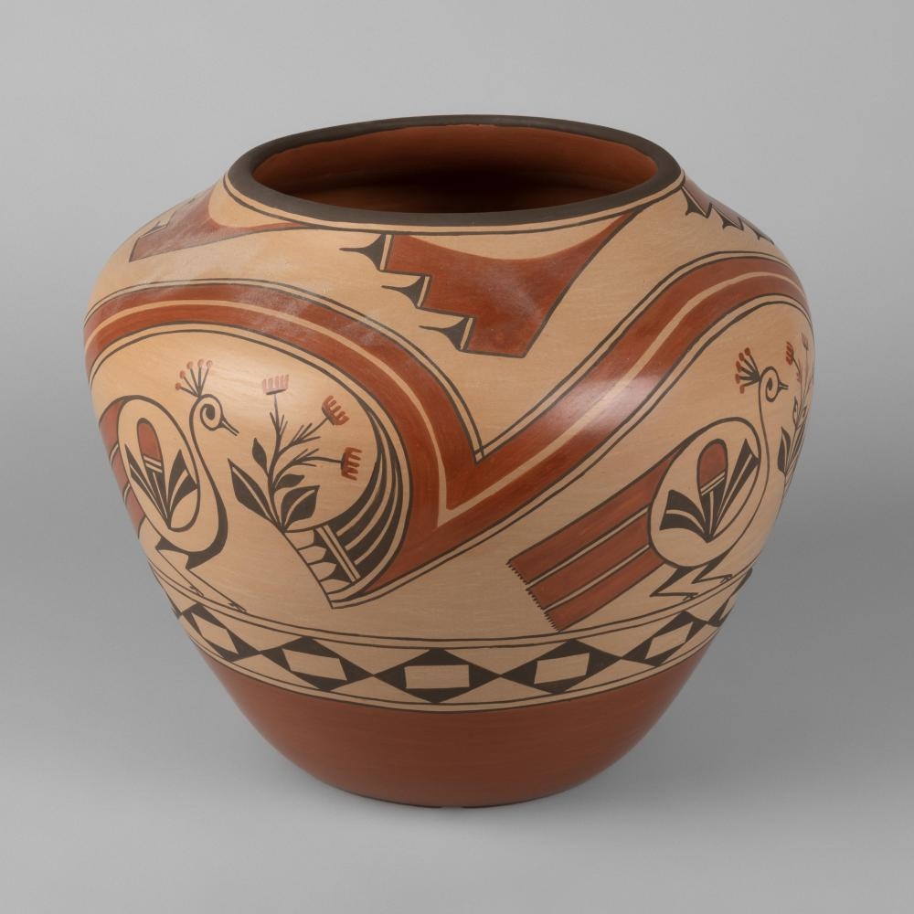 Artwork by Eleanor Pino Griego, Polychrome Redware Jar with Zia Bird, Made of redware jar