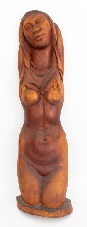 Artwork by Andre Dimanche, Andre Dimanche Carved Wood Sculpture of Nude Woman, Made of wood sculpture
