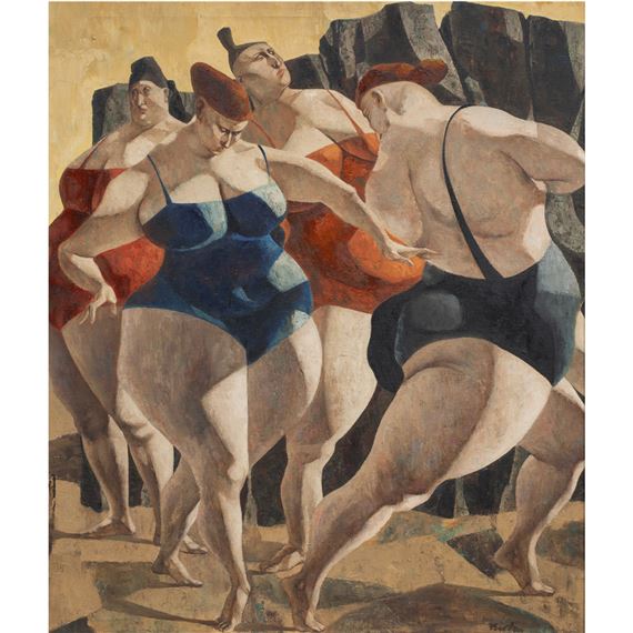 A dynamic composition of four figures in swimwear dancing against a rocky backdrop.