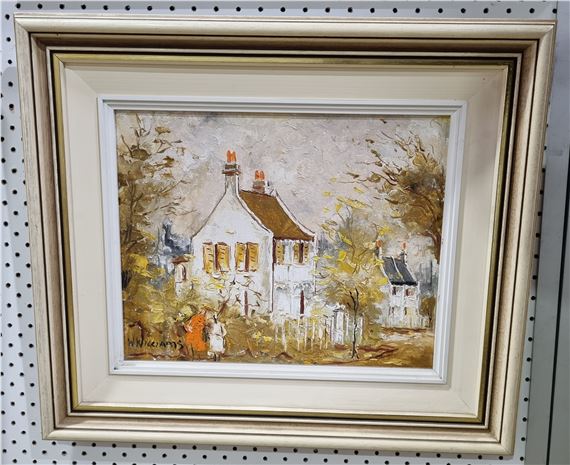 A framed watercolor landscape of a white house in autumn foliage.