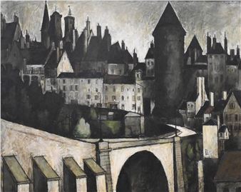 View of a city with fortifications and a cathedral in the distance - Pierre Lemarchand
