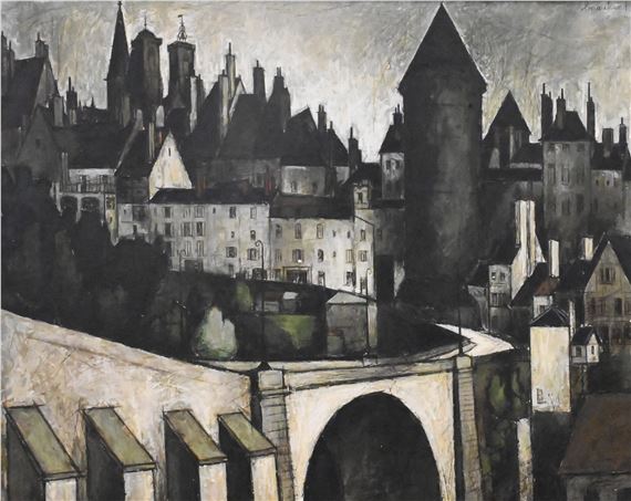 View of a city with fortifications and a cathedral in the distance - Pierre Lemarchand