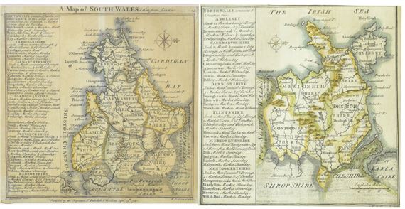 Two 18th century hand painted copper plate maps of North Wales and South Wales - Thomas Badeslade