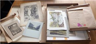 A portfolio containing a collection of Ivy Bailey watercolours and pencil drawings including nudes and figure studies with a small group of prints by Rhoda Dawson. - Rhoda Dawson