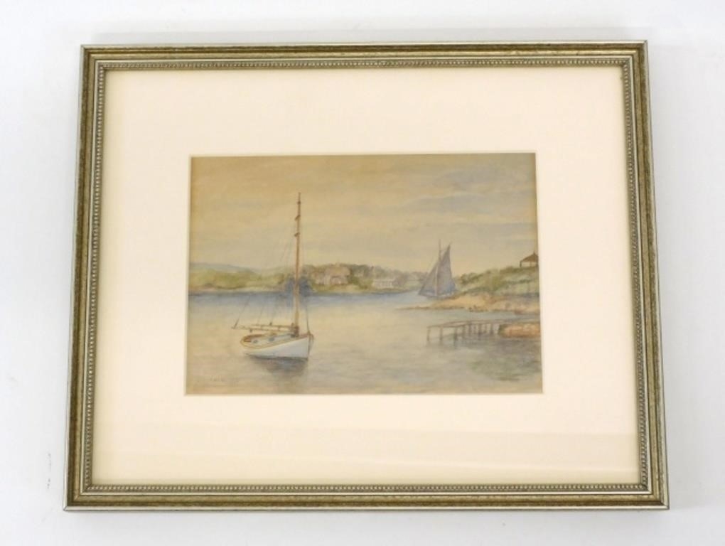 Artwork by Edward Sisson, One of the first members of the New Bedford Art Club. Watercolor painting. Depicting a cat boat and anchor near the shore with houses in the background. Signed ER Sisson, Made of Watercolor painting