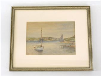 One of the first members of the New Bedford Art Club. Watercolor painting. Depicting a cat boat and anchor near the shore with houses in the background. Signed ER Sisson - Edward Sisson
