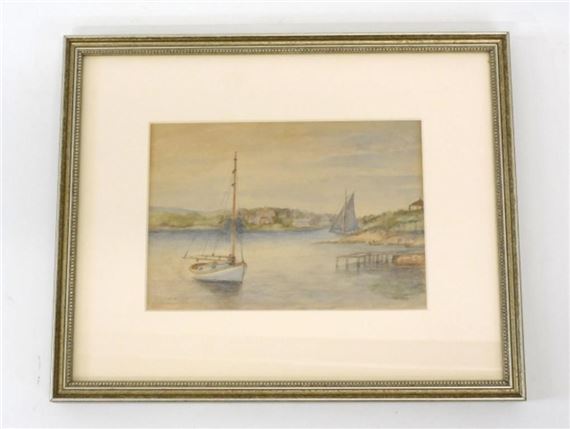 One of the first members of the New Bedford Art Club. Watercolor painting. Depicting a cat boat and anchor near the shore with houses in the background. Signed ER Sisson - Edward Sisson