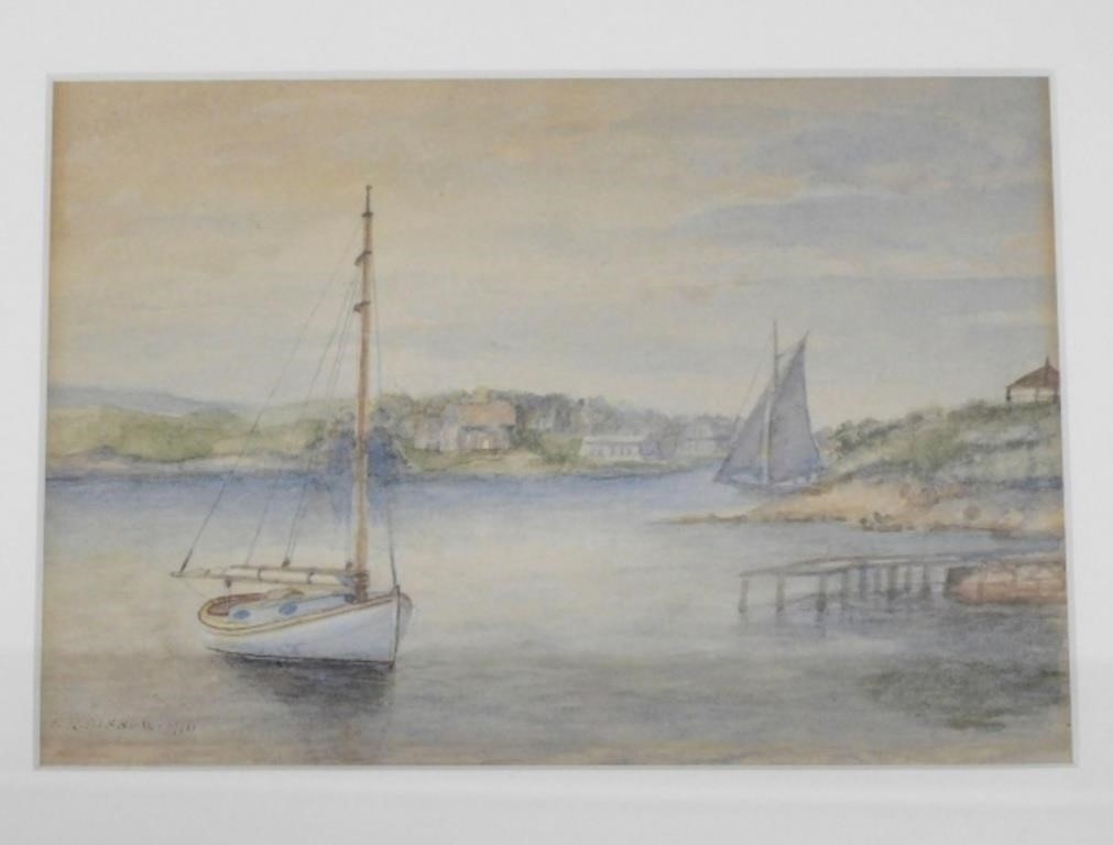 Artwork by Edward Sisson, One of the first members of the New Bedford Art Club. Watercolor painting. Depicting a cat boat and anchor near the shore with houses in the background. Signed ER Sisson, Made of Watercolor painting