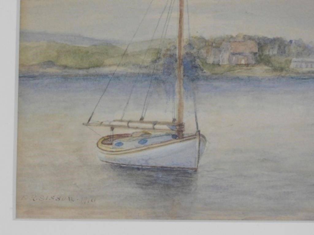 Artwork by Edward Sisson, One of the first members of the New Bedford Art Club. Watercolor painting. Depicting a cat boat and anchor near the shore with houses in the background. Signed ER Sisson, Made of Watercolor painting