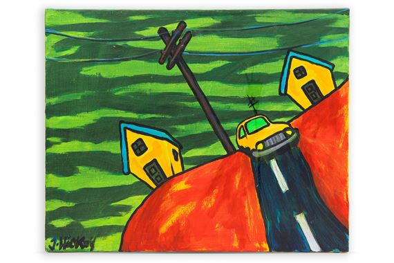 A vibrant, stylized landscape featuring a yellow car on a red hill with green hills and houses in the background.