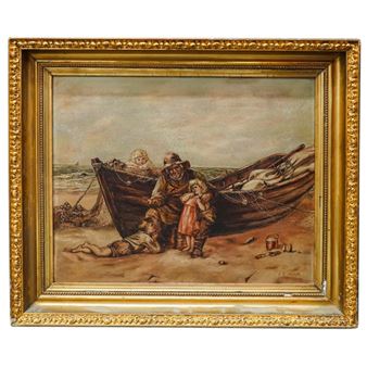 A seaside scene of a sailor seated next to a fishing boat and telling a story to three children - E.d. Merrett