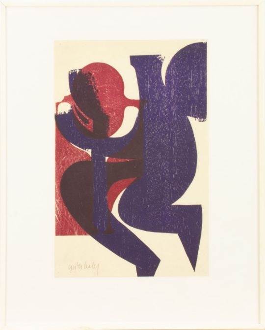 Artwork by Helmut Andreas Paul Gieshaber, Pan mit Weinschlauch (1959), Made of color woodcut