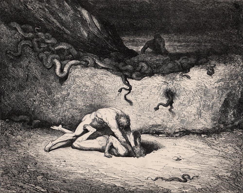 Artwork by Gustave Doré, Paul Riault, DORE 1800s Divine Comedy Wood Engraving "Schicchi Attacks Capocchio" SIGNED Framed COA, Made of Wood Engraving wove paper