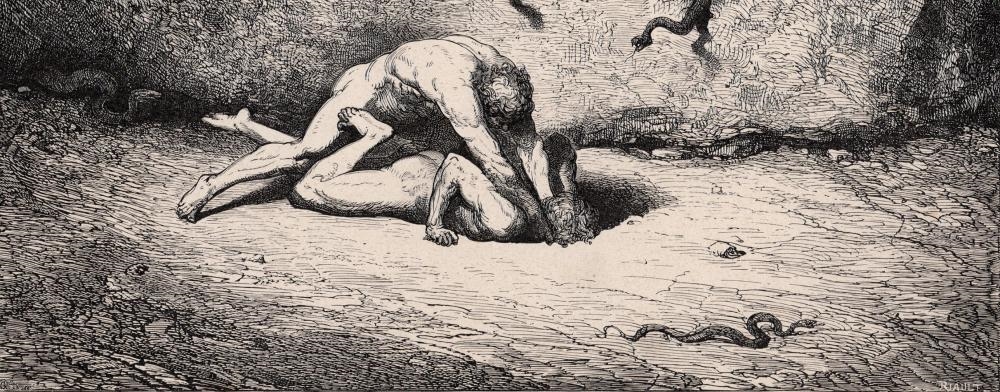 Artwork by Gustave Doré, Paul Riault, DORE 1800s Divine Comedy Wood Engraving "Schicchi Attacks Capocchio" SIGNED Framed COA, Made of Wood Engraving wove paper