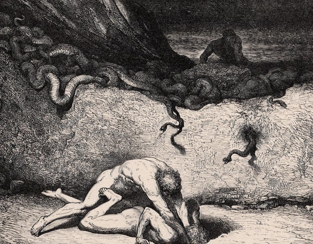 Artwork by Gustave Doré, Paul Riault, DORE 1800s Divine Comedy Wood Engraving "Schicchi Attacks Capocchio" SIGNED Framed COA, Made of Wood Engraving wove paper