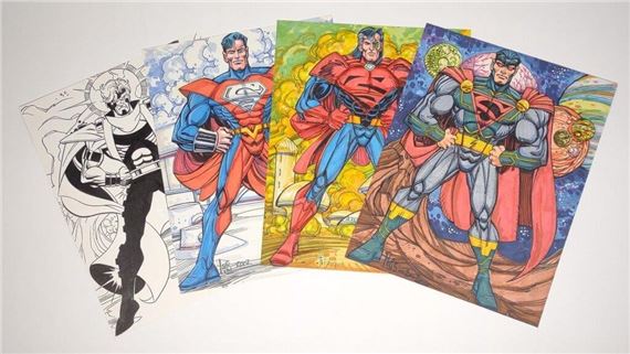 4 original commissioned comic character drawings by Paris Cullins. Superheroes include (3) "Superman" colored variants by Paris Cullins