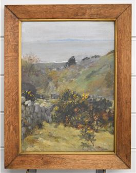 Agnes Hilda Coates (1877-1957) oil on board landscape with sea beyond 'No 2 Down to the Sea', titled - Agnes Hilda Coates