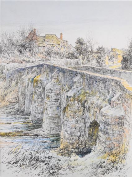 Robert Marley RBA watercolour and pastel 'The Bridge in Winter' likely Tilford near Farnham, Surrey - Robert Marley