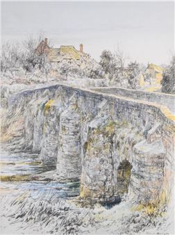 Robert Marley RBA watercolour and pastel 'The Bridge in Winter' likely Tilford near Farnham, Surrey - Robert Marley