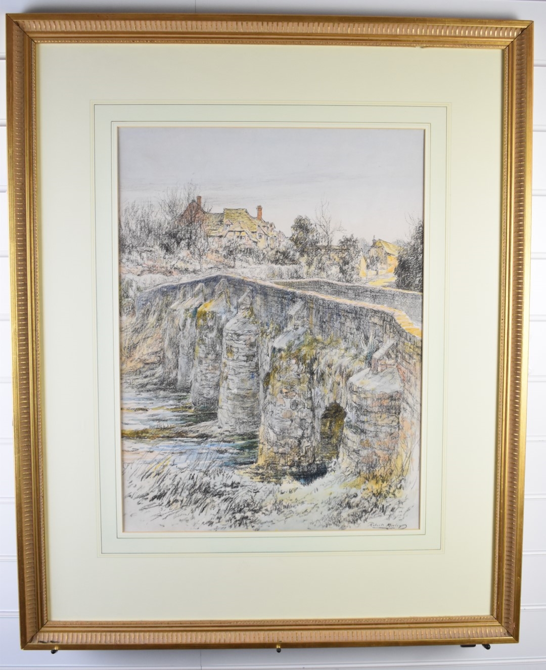 Artwork by Robert Marley, Robert Marley RBA watercolour and pastel 'The Bridge in Winter' likely Tilford near Farnham, Surrey, Made of watercolour and pastel