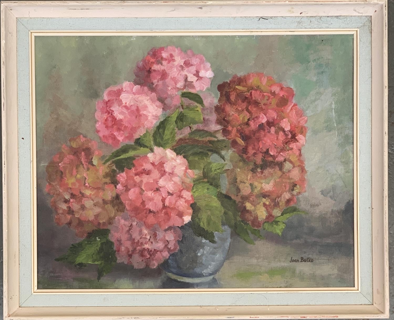 Artwork by Joan Bates, Joan Bates,th century still life of pink hydrangeas, Made of oil on board