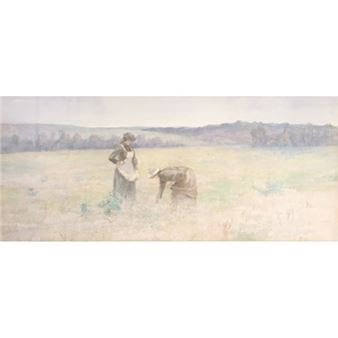 Large framed pastel drawing depicting women picking from the fields - J. Sutherland
