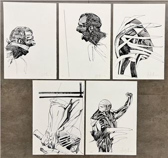 A collection of five black-and-white ink drawings featuring stylized human figures in profile and action poses.