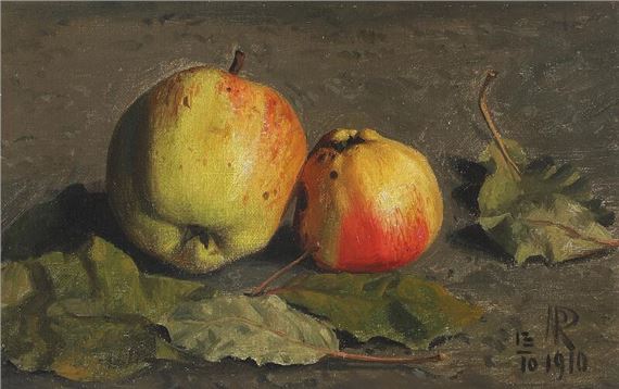 Still life with apples and leaves by Niels Peter Rasmussen, 1910