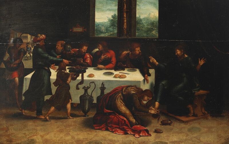 Artwork by Ugo Da Carpi, Jesus at the Home of Simon the Pharisee, Made of oil on wooden panel