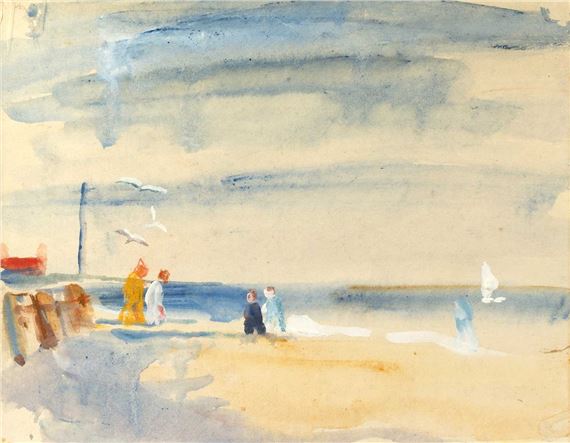 A watercolor seascape featuring figures on a beach under a vast sky.