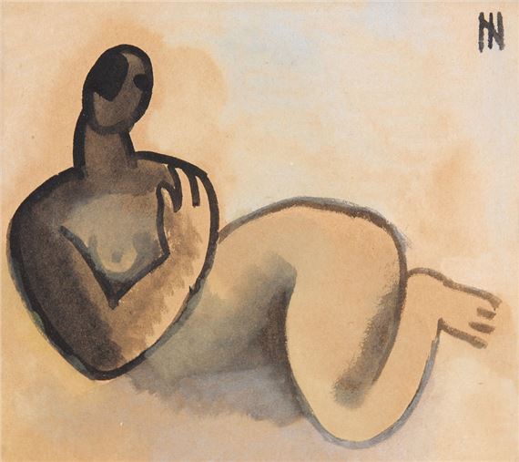 A reclining nude figure rendered in a simplified, expressive style with bold outlines and muted earth tones.