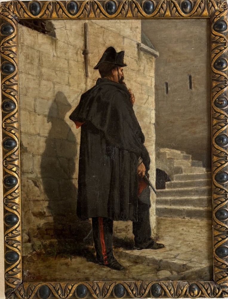 Artwork by Enrico Gamba, CARABINIERE CON MANTELLO E PISTOLA, Made of oil on canvas