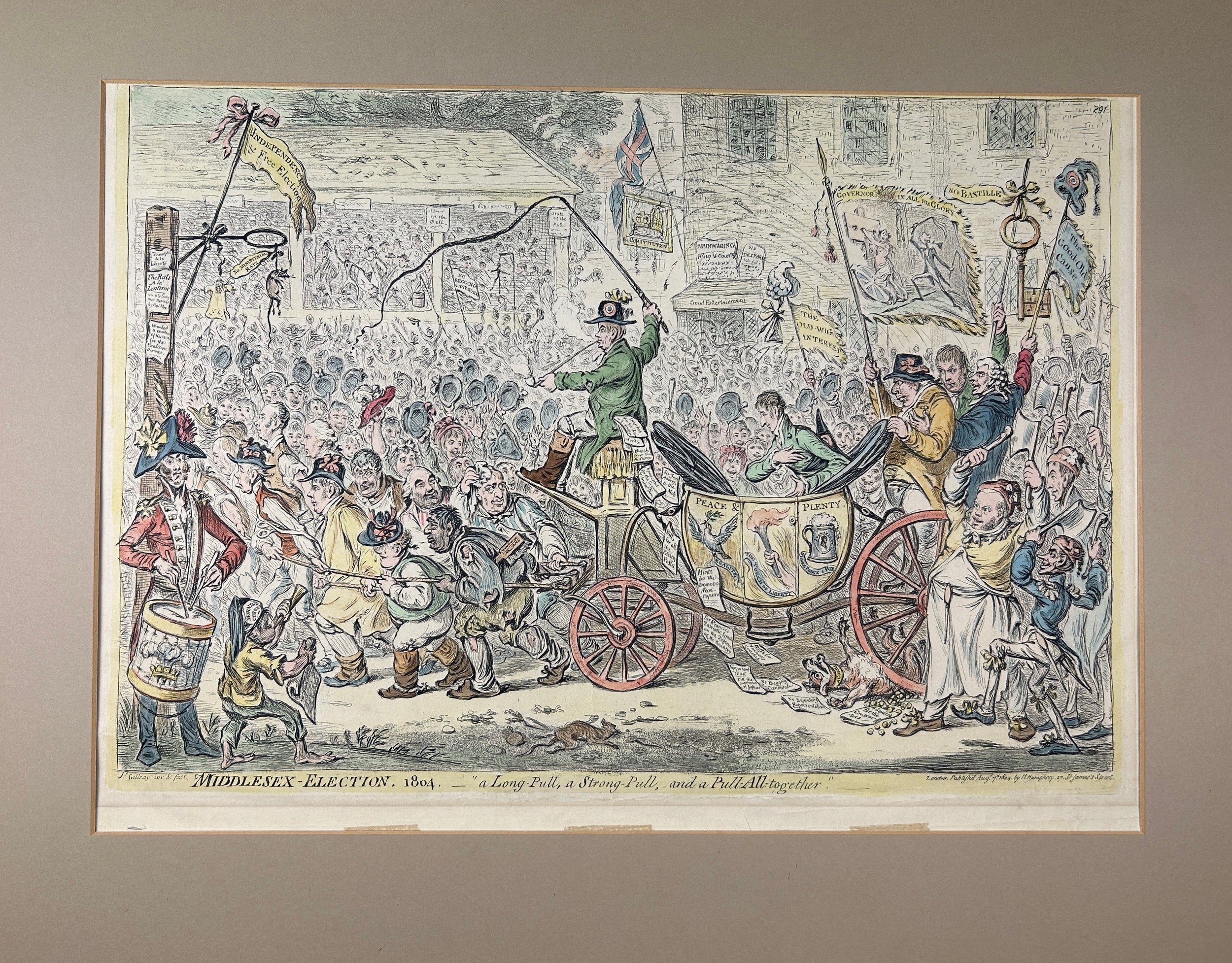 Artwork by James Gillray, THE MIDDLESEX ELECTION 1804, Made of Hand coloured engraving on paper